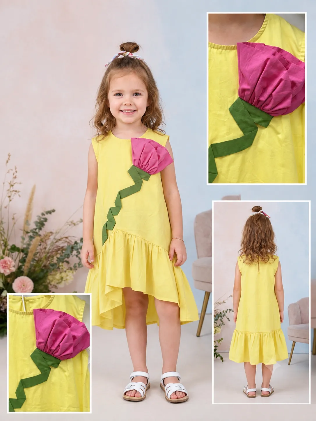 Yellow Dress 3D Flower Patch Girls Dress image 3