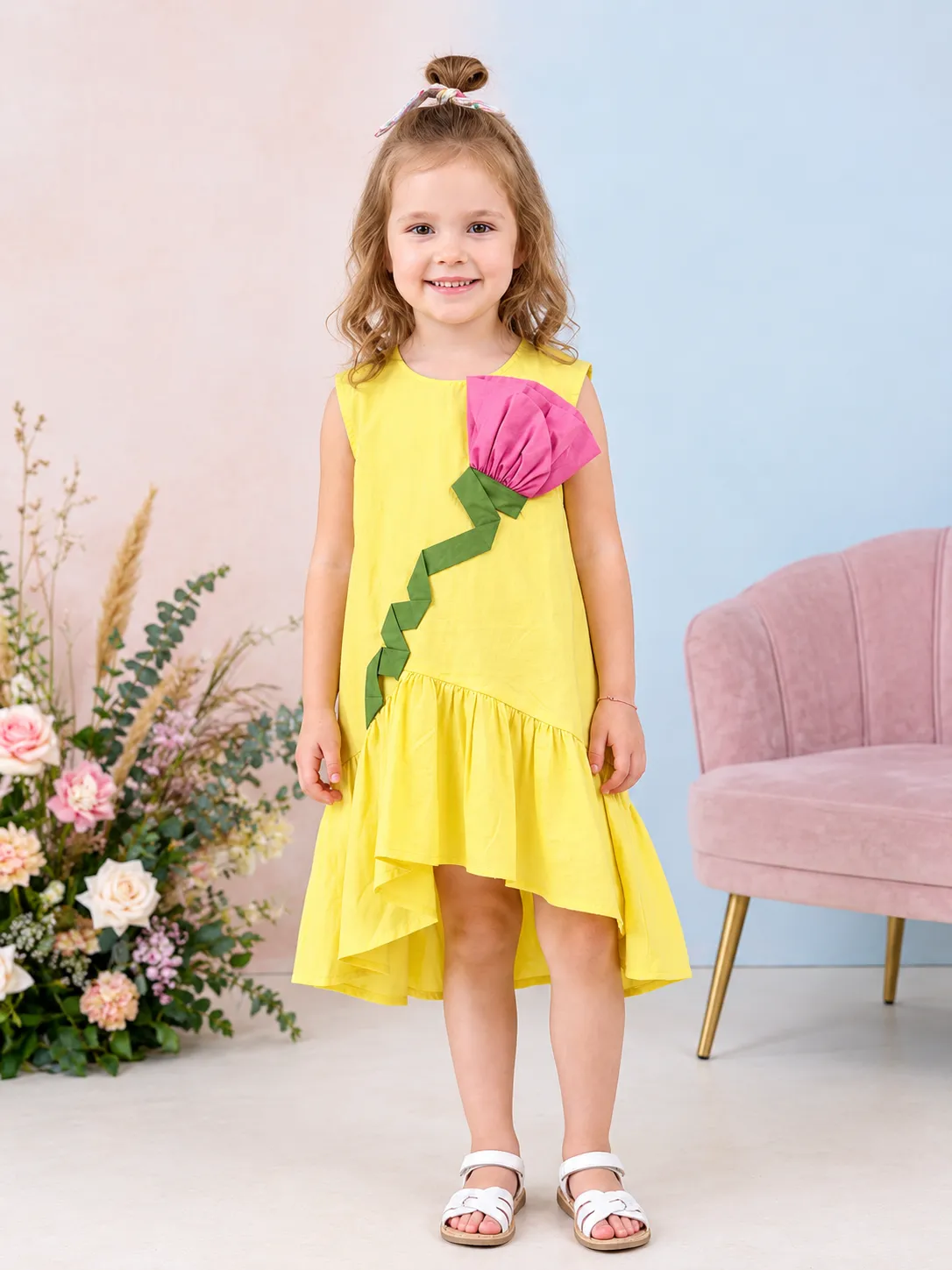 Yellow Dress 3D Flower Patch Girls Dress