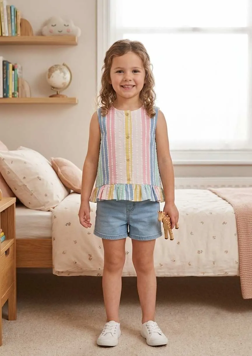 Multicolour Seersucker Dress With Frilled Hem