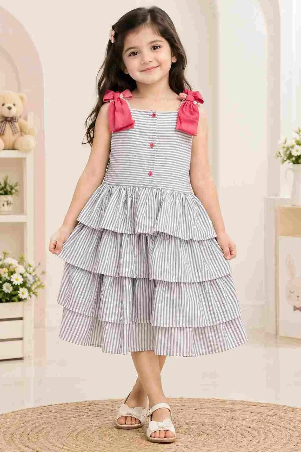 Grey Striped Bow Layered Dress for Girls 26" - 01