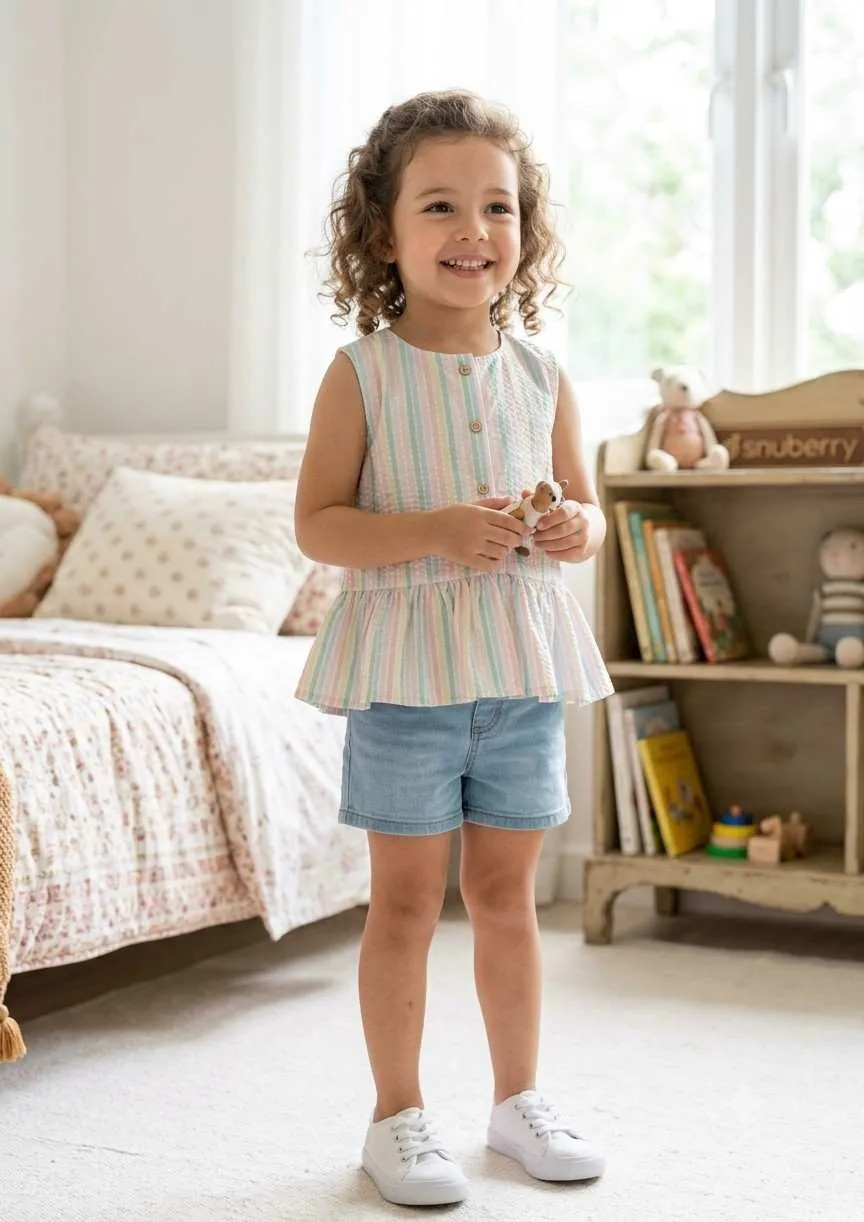 Girls Multi-Pastel Striped Dress With Frilled Hem