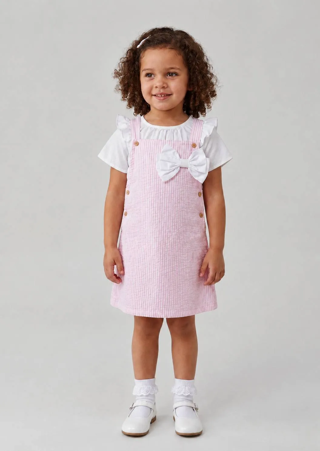 Girls Frilled Collar Raglan Sleeve Top With Bow Dungaree Set